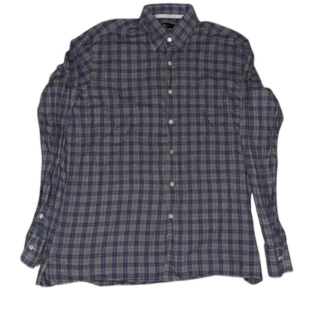 Canali Blue and white plaid button-up shirt
